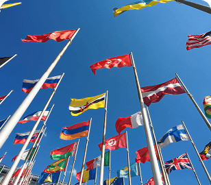 International flags against blue sky